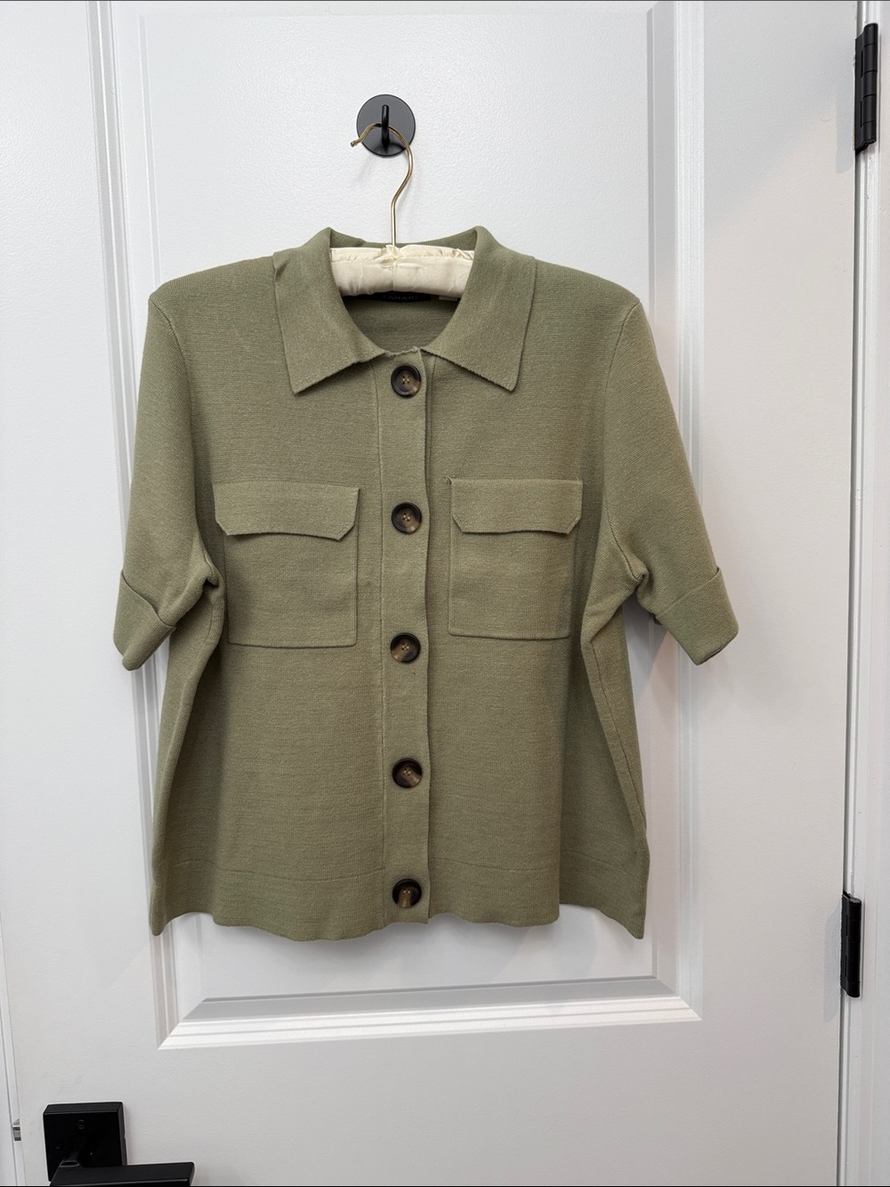 T Tahari Olive Green Short-Sleeve Button Sweater